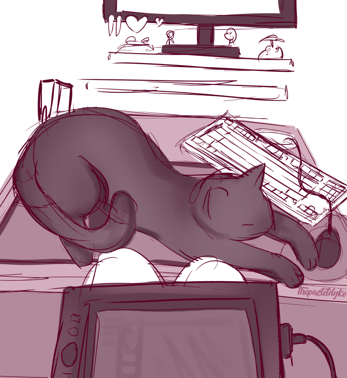 Rough sketch of a cat taking up a large part of a desk, shoving keyboard and mouse to the side.